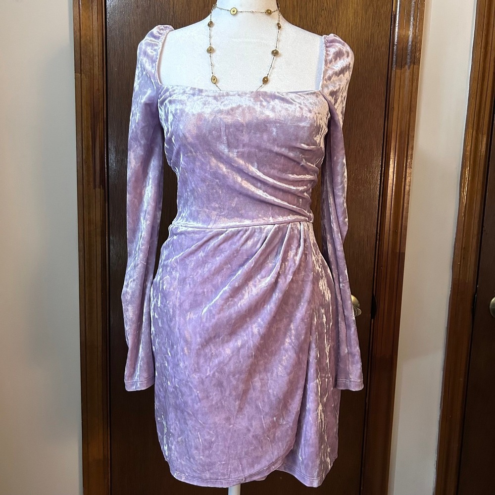 Fairy Crushed Velvet Long‎ Sleeve Tulip Dress Lavender XS